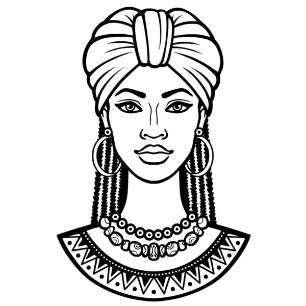 非洲美女 美丽的黑人妇女头巾和非洲头发的动画肖像 单色绘图 在白色背景上隔离的矢量插图 印刷品 — 图库矢量图片