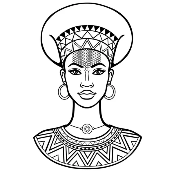 非洲美女 在古代服装和珠宝中美丽的黑人女子的动画肖像 单色绘图 在白色背景上隔离的矢量插图 印刷品 — 图库矢量图片