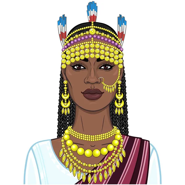 Africká Krása Animovaný Portrét Krásné Černošky Tradičních Etnických Špercích Princezna — Stockový vektor