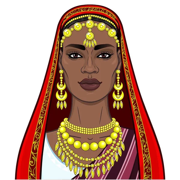 非洲之美 传统民族珠宝中美丽的黑人妇女的动画肖像 在白色背景上孤立的矢量插图 印刷品 T恤衫 — 图库矢量图片