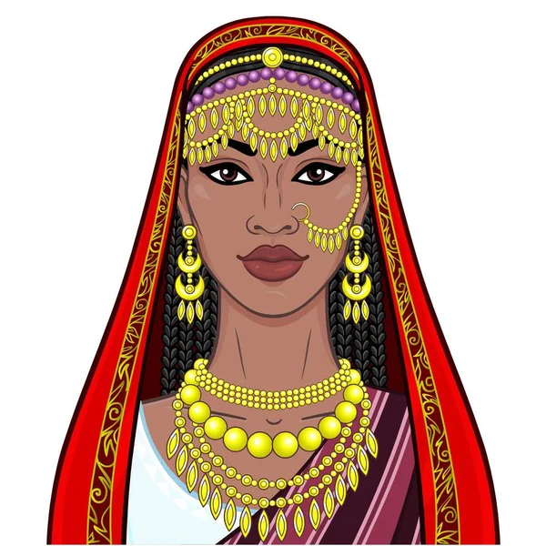 Beauté Africaine Portrait Animation Belle Femme Noire Dans Bijou Ethnique — Image vectorielle