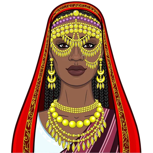Bellezza Africana Ritratto Animazione Della Bella Donna Nera Gioiello Etnico — Vettoriale Stock