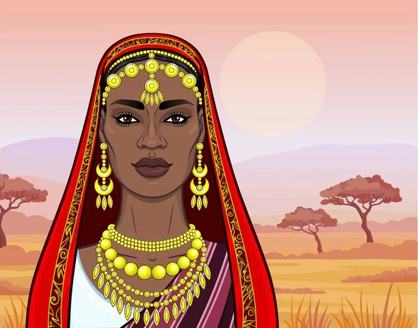 아프리카의 아름다움 전통적인 보석에 아름다운 여성의 애니메이션 초상화 사바나 일러스트레이션 — 스톡 벡터