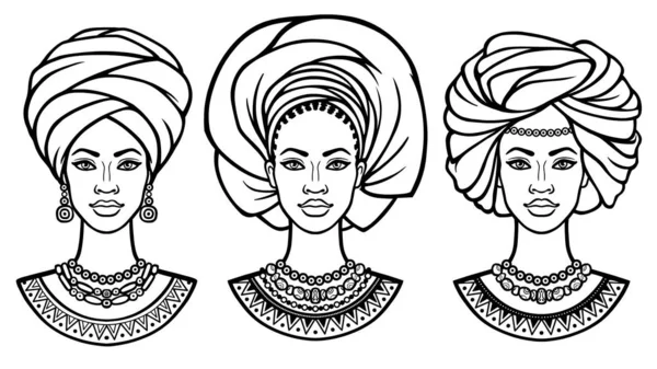 Afrika güzellik: farklı türbanlı güzel siyah kadının animasyon portresi. Üç seçenek. Tek renkli çizim. Beyaz arka planda yalıtılmış vektör çizimi.