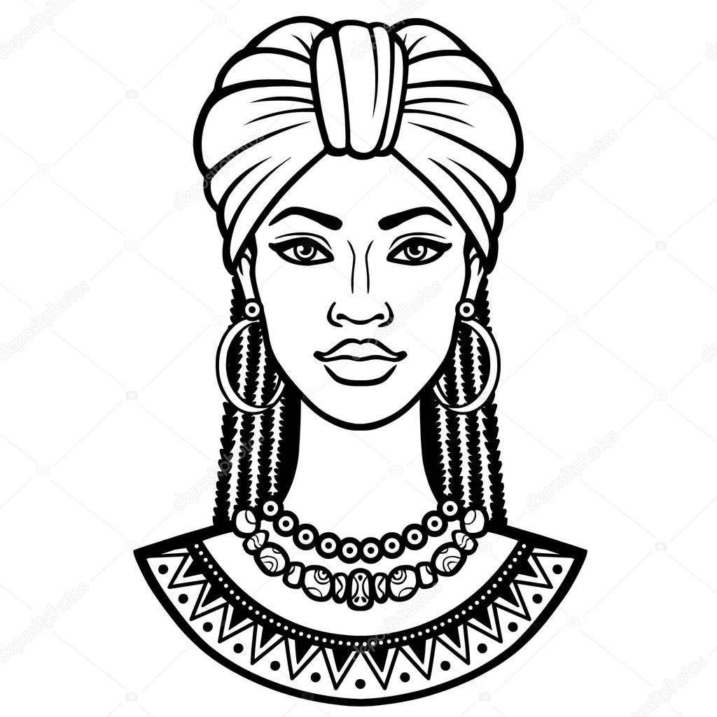 African beauty: animation portrait of the  beautiful black woman in a turban and Afro hair. Monochrome drawing. Vector illustration isolated on a white background. Print, poster, t-shirt, card.