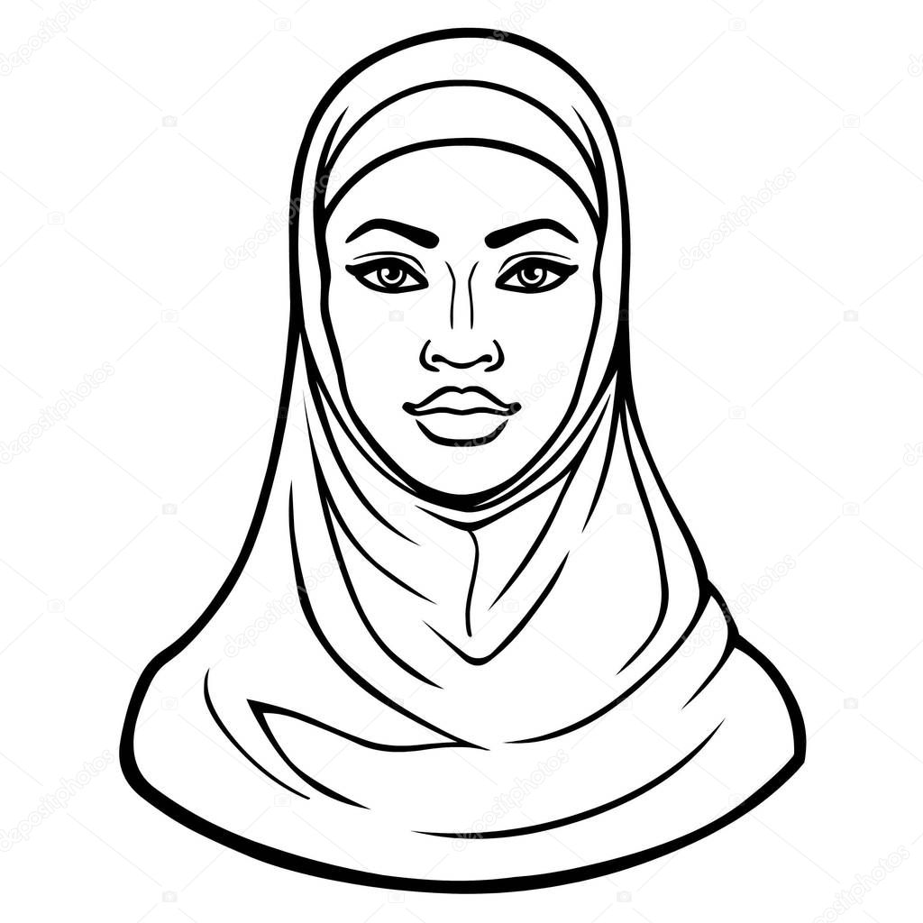 African beauty: animation portrait of the  beautiful black woman in a hijab. Monochrome drawing. Vector illustration isolated on a white background. Print, poster, t-shirt, card.