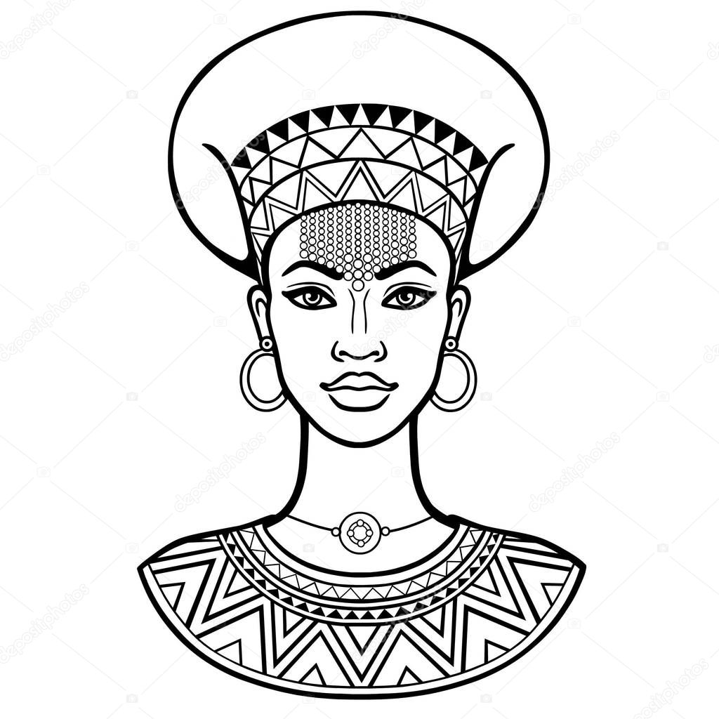 African beauty: animation portrait of the  beautiful black woman  in ancient clothes and jewelry. Monochrome drawing. Vector illustration isolated on a white background. Print, poster, t-shirt, card.