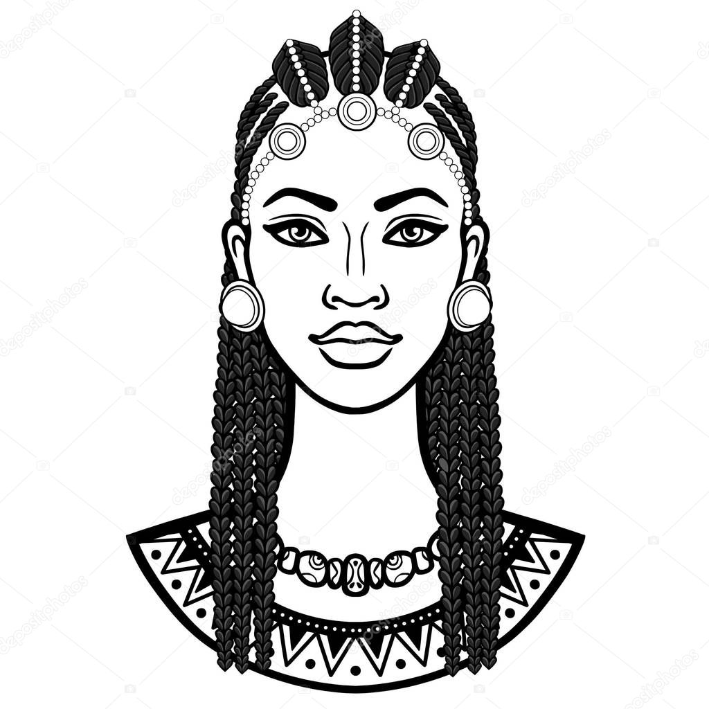African beauty: animation portrait of the  beautiful black woman in Afro hair. Monochrome drawing. Vector illustration isolated on a white background. Print, poster, t-shirt, card.