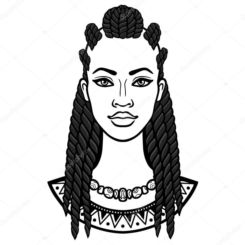 African beauty: animation portrait of the  beautiful black woman in Afro hair. Monochrome drawing. Vector illustration isolated on a white background. Print, poster, t-shirt, card.
