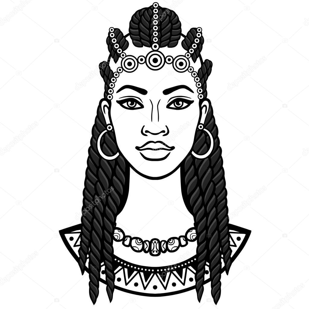 African beauty: animation portrait of the  beautiful black woman in Afro hair. Monochrome drawing. Vector illustration isolated on a white background. Print, poster, t-shirt, card.