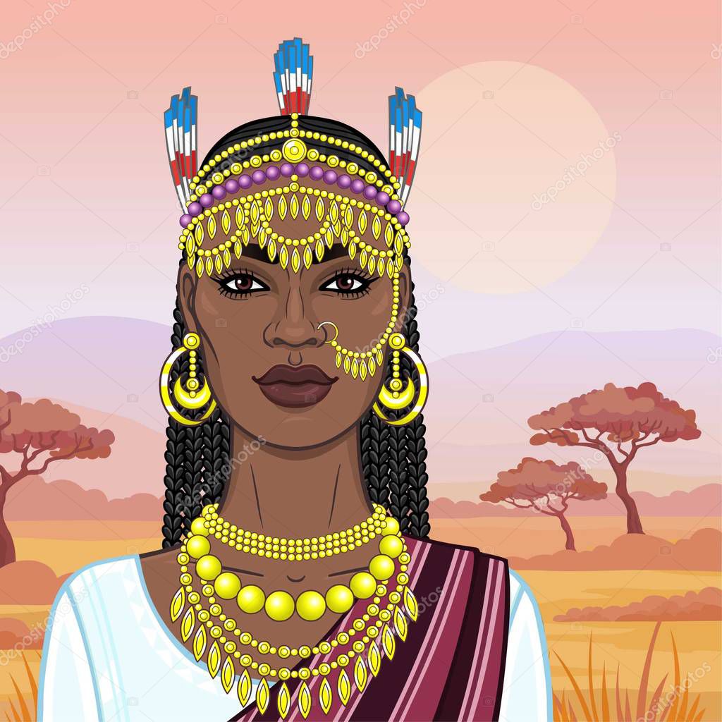 African beauty: animation portrait of the beautiful black woman in a traditional ethnic jewelry. Princess, Bride, Goddess. Background - a landscape the savanna, mountains,sunset. Vector illustration.