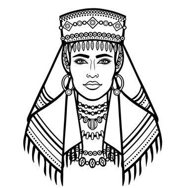 Afrika güzeli: bir atkı içinde güzel kadının animasyon portresi. Berber kültürü. Tek renkli çizim. Vektör çizimi beyaz bir arka plan üzerinde yalıtılmış. Baskı, poster, t-shirt, kart.