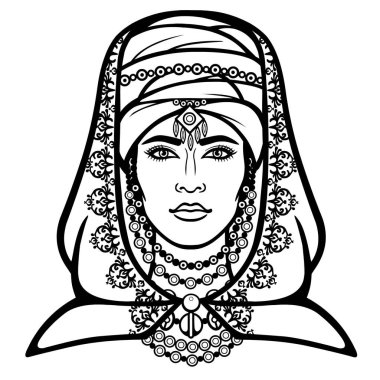 Afrika güzeli: türbanlı güzel kadının animasyon portresi. Berber kültürü. Tek renkli çizim. Vektör çizimi beyaz bir arka plan üzerinde yalıtılmış. Baskı, poster, t-shirt, kart.