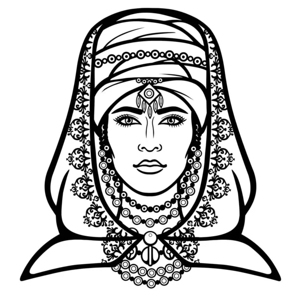 非洲美女 头巾中美女的动画肖像 柏柏尔文化 单色绘图 在白色背景上隔离的矢量插图 印刷品 — 图库矢量图片