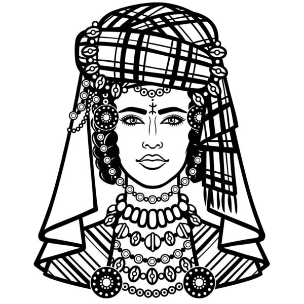 African beauty: animation portrait of the  beautiful  woman in a turban. Berber culture. Monochrome drawing. Vector illustration isolated on a white background. Print, poster, t-shirt, card.