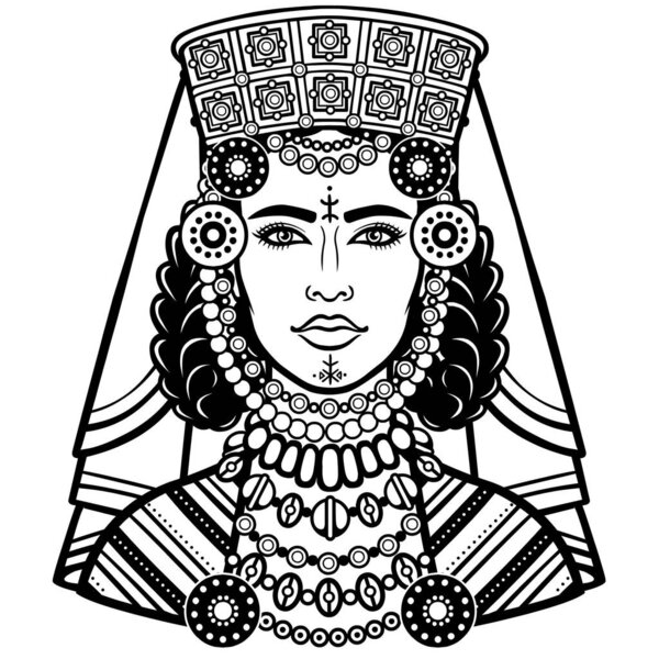 African beauty: animation portrait of the  beautiful  woman in a crown. Berber culture. Monochrome drawing. Vector illustration isolated on a white background. Print, poster, t-shirt, card.