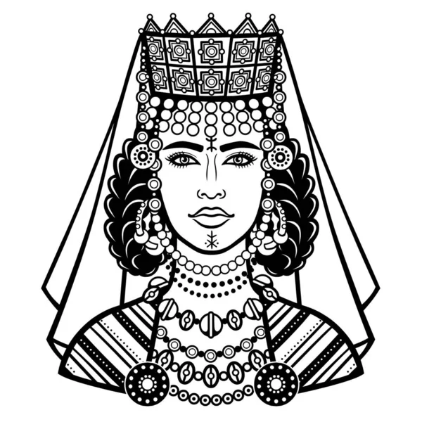 アフリカの美しさ 王冠の美しい女性のアニメーションの肖像画 ベルベル文化 モノクロ図面 ベクトルのイラストは 白い背景に分離されています プリント ポスター Tシャツ カード — ストックベクタ