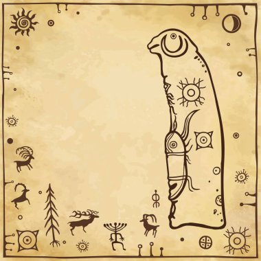 Baran'ın kafasıyla eski bir taş stelin animasyon çizimi. Kaya boyama. Vahşi hayvanların sembolleri, güneş, odun. Arka plan - eski kağıt taklidi. Metin için yerleştirin. Vektör çizimi. 