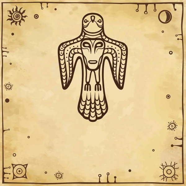 古代異教の異教の姿のアニメーション画像 胸に人間の顔を持つ鳥Y アイドル トーテム 古い紙の模倣 ベクトルイラスト ポスター カード — ストックベクタ