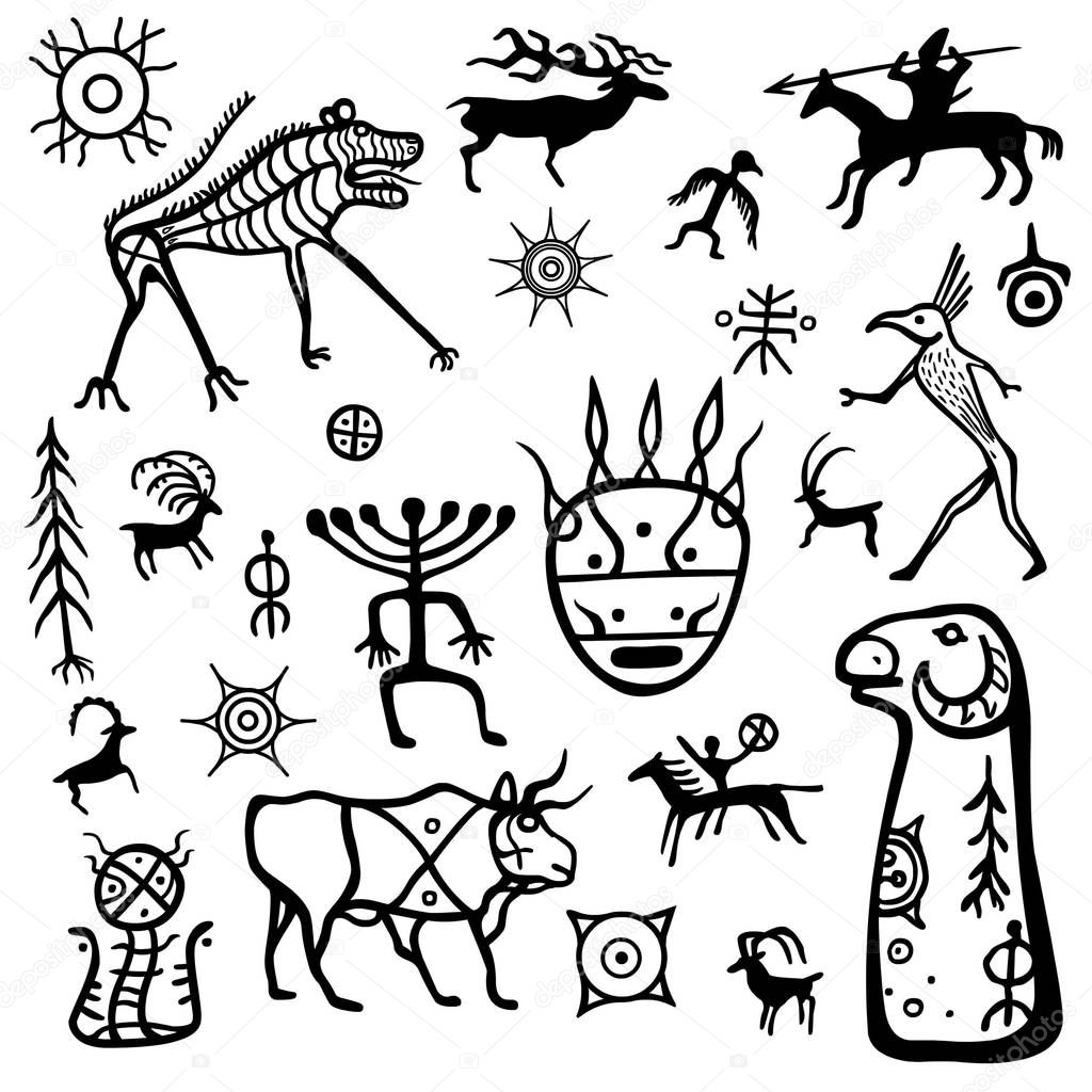 Animation image of ancient rock paintings. Drawing on a stone a menhir. Set of petroglyphs,mystical symbols, animals, people and gods.Vector illustration isolated on a white background.