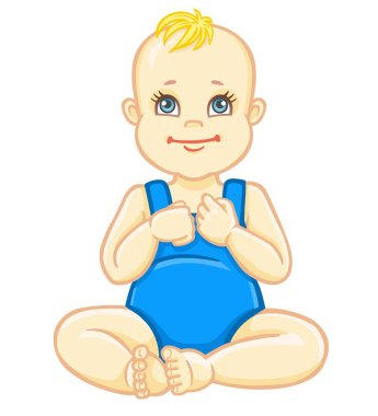 Oturma poz mavi giysiler içinde Animasyon güzel çocuk. Çocuğun ilk yılı. Renkli çizim. Vektör çizimi beyaz bir arka plan üzerinde yalıtılmış. Baskı, poster, ftstbolka, kart.