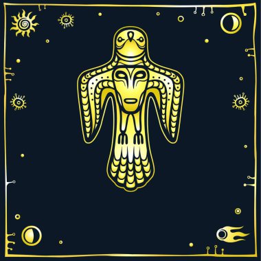 Antik pagan tanrıanimasyon görüntü. Göğsünde insan yüzü olan kuş y. Tanrı, idol, totem, simge. Uzay sembolleri. Siyah bir arka plan üzerinde altın taklidi. Vektör illüstrasyon. Baskı, poster, kart