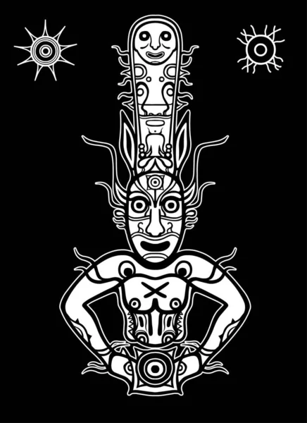 古代異教の神のアニメーション画像 石の上に絵を描くメンヒル アイドル アイコン トーテム 太陽記号 黒い背景に分離された白いベクトル図 プリント ポスター Tシャツ — ストックベクタ