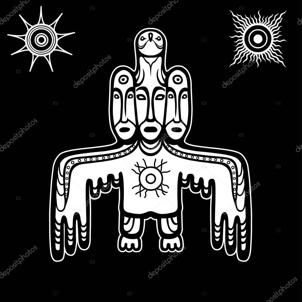 Animation image of ancient pagan deity. God, idol, totem. Bird with three human faces. Solar symbol. White vector illustration isolated on a black background.Print, poster, t-shirt, card.