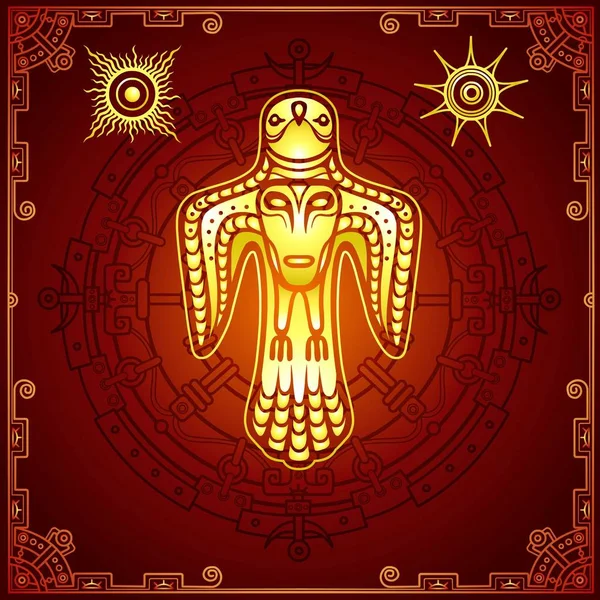古代异教神的动画形象 胸前有人脸的鸟 太阳的象征 红色背景 装饰框架 黄金仿制 矢量插图 — 图库矢量图片