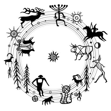 Sembolik ilkel evren, barış anlaşması. Petroglifler seti, Doğa çemberi, mistik semboller uzay, insanlar, hayvanlar, tanrılar. Antik kaya resimleri. Vektör illüstrasyon beyaz izole 