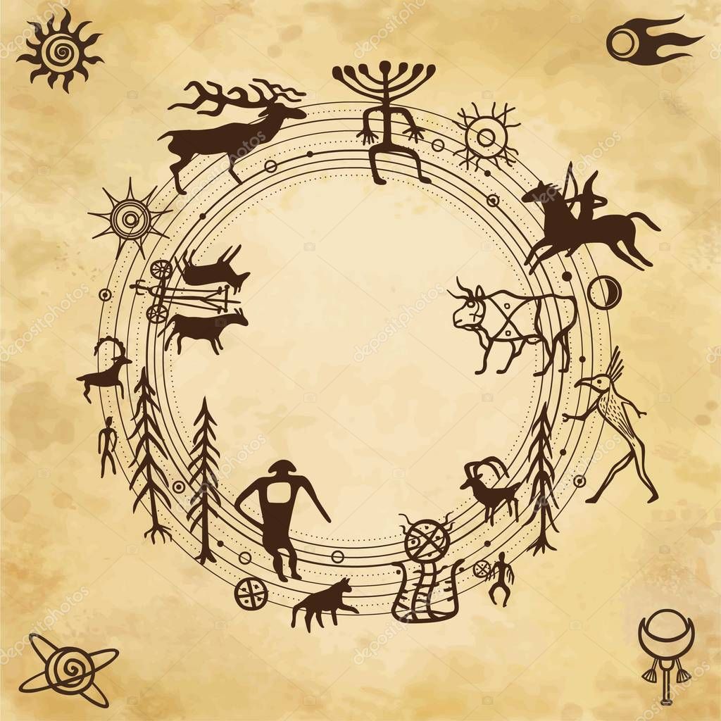 Vettoriale stockUniverso Primitivo Simbolico Accordo Pace Set Petroglifi  Cerchio Della Natura di ©Roomyana #294434512, image size:1024x1024