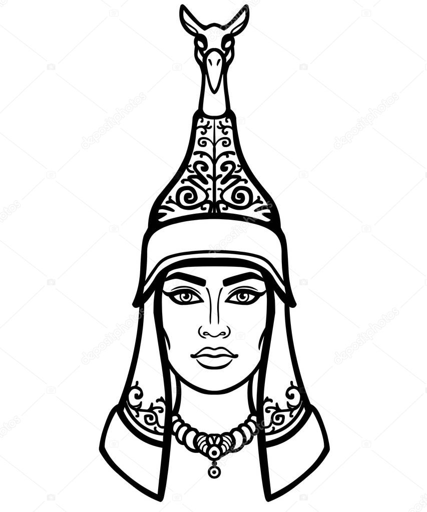 Animation portrait of the beautiful woman in ancient headdress. Asian nomad culture. Princess, warrior, goddess.  Vector illustration isolated on a white background. Print, poster, t-shirt, card.