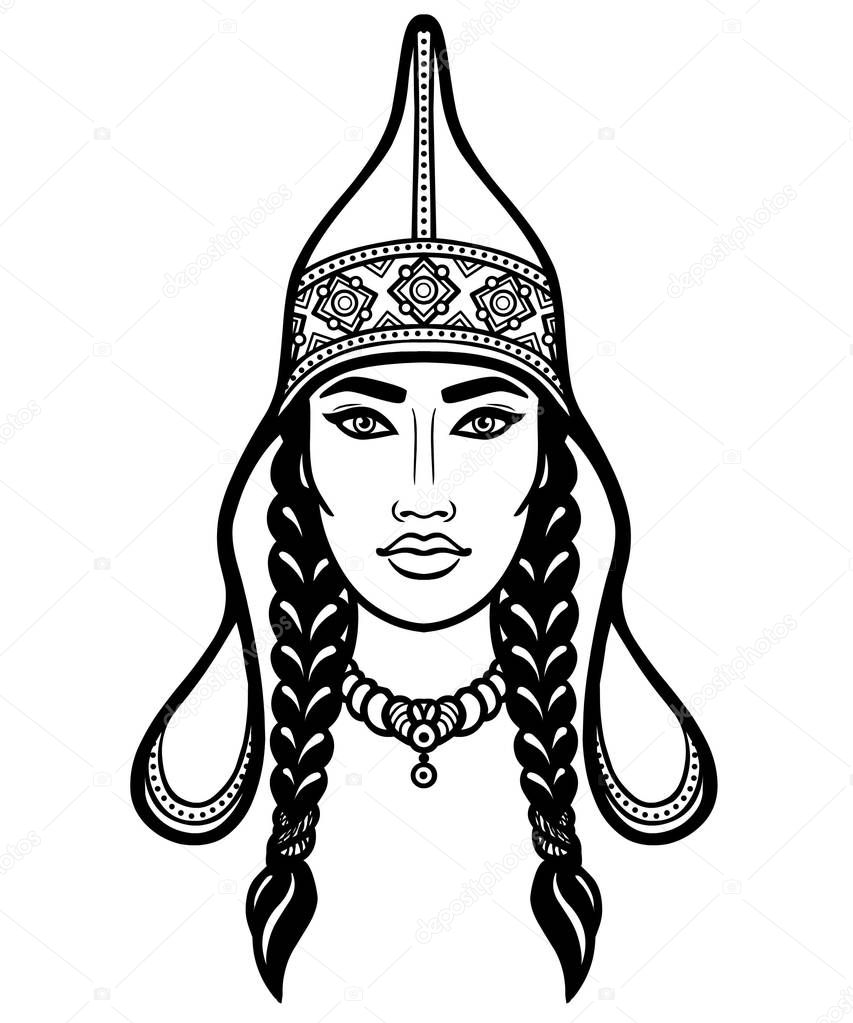 Animation portrait of the beautiful woman in ancient headdress. Asian nomad culture. Princess, warrior, goddess.  Vector illustration isolated on a white background. Print, poster, t-shirt, card.