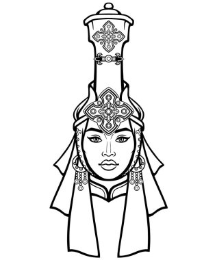 Asyalı güzellik. Antik ulusal başlık güzel bir kız animasyon portre. Vektör çizimi beyaz bir arka plan üzerinde yalıtılmış. Baskı, poster, t-shirt, kart.