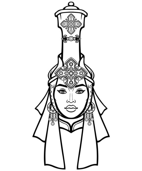 Азиатская красота. Анимационный портрет красивой девушки в старинном национальном головном уборе. Векторная иллюстрация изолирована на белом фоне. Печать, плакат, футболка, открытка
.