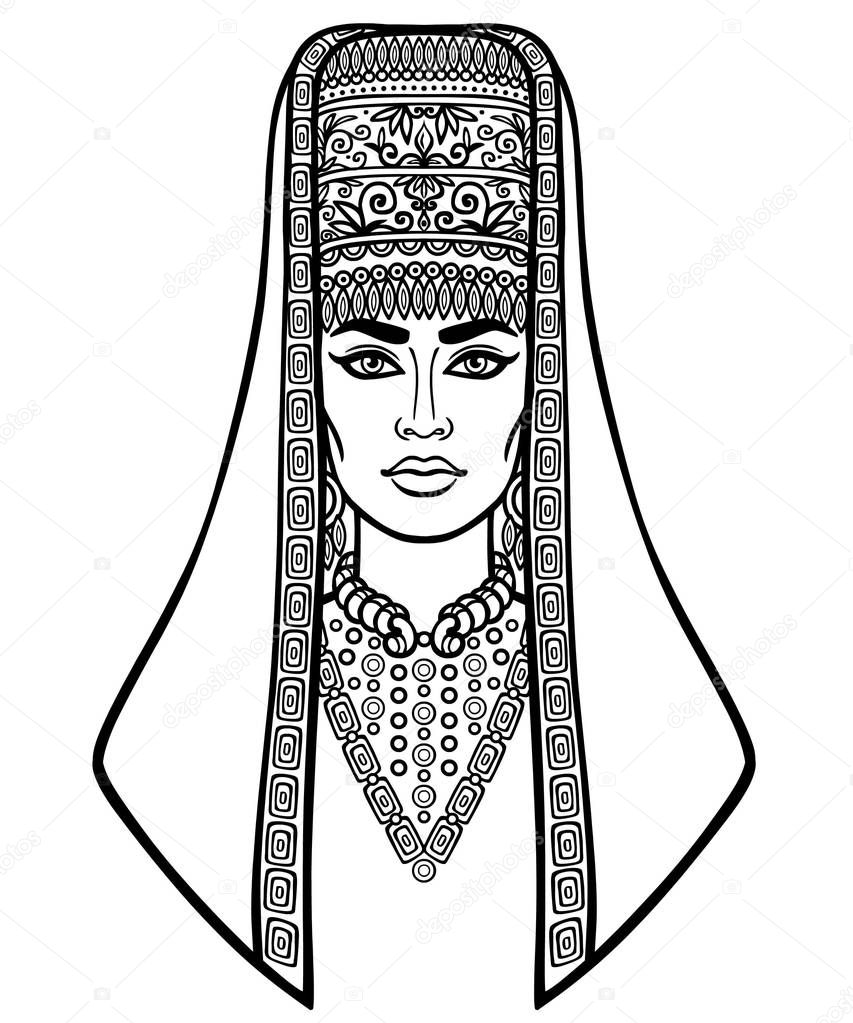 Animation portrait of Scythian woman in ancient headdress. Asian nomad culture. Princess, warrior, goddess.  Vector illustration isolated on a white background. Print, poster, t-shirt, card.