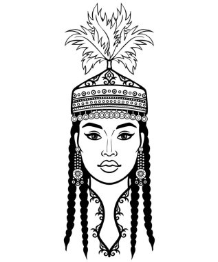 Asyalı güzellik. Antik ulusal başlık ve takı güzel bir kız animasyon portre. Orta Asya. Vektör çizimi beyaz bir arka plan üzerinde yalıtılmış. Baskı, poster, t-shirt, kart.