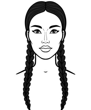 Asyalı güzellik. Örgülü güzel bir kızın animasyon portresi. Vektör çizimi beyaz bir arka plan üzerinde yalıtılmış. Baskı, poster, t-shirt, kart.