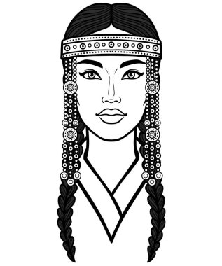 Asyalı güzellik. Antik ulusal başlık ve takı güzel bir kız animasyon portre. Orta Asya. Vektör çizimi beyaz bir arka plan üzerinde yalıtılmış. Baskı, poster, t-shirt, kart.