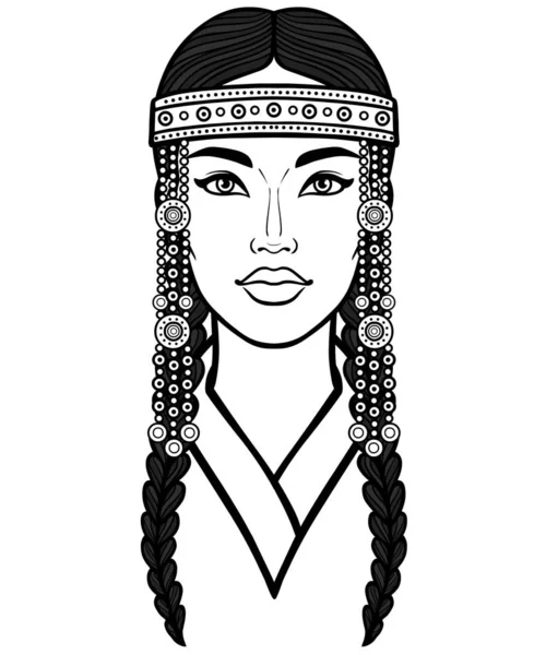 アジアの美しさ 古代の国家の頭飾りと宝石で美しい女の子のアニメーションの肖像画 中央アジアベクトルのイラストは 白い背景に分離されています プリント ポスター Tシャツ カード — ストックベクタ