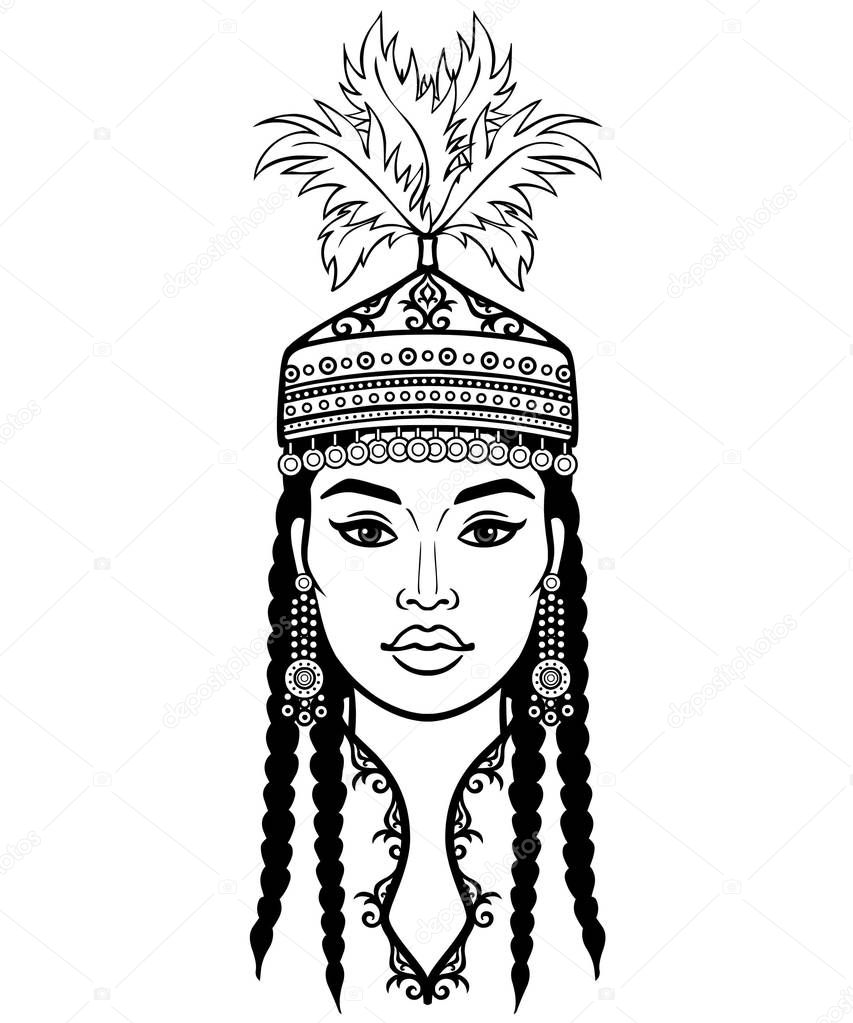 Asian beauty. Animation portrait of a beautiful girl in ancient national headdress and jewelry. Central Asia. Vector illustration isolated on a white background. Print, poster, t-shirt, card.