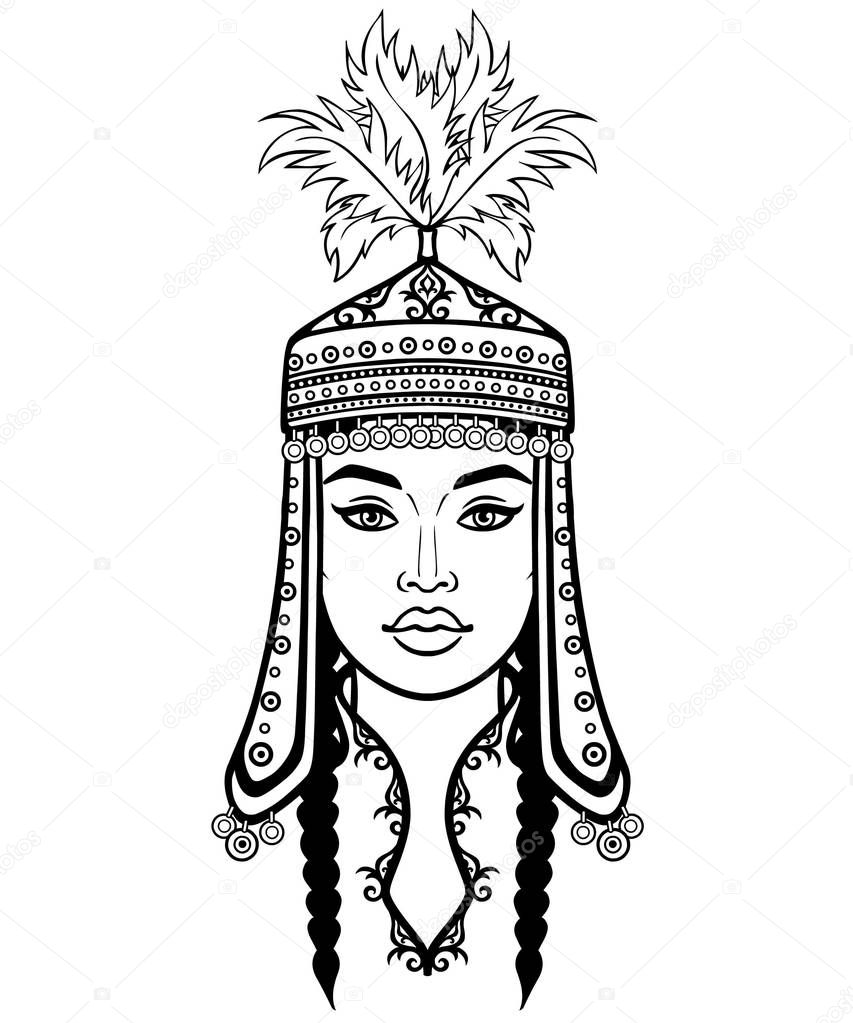 Asian beauty. Animation portrait of a beautiful girl in ancient national headdress and jewelry. Central Asia. Vector illustration isolated on a white background. Print, poster, t-shirt, card.