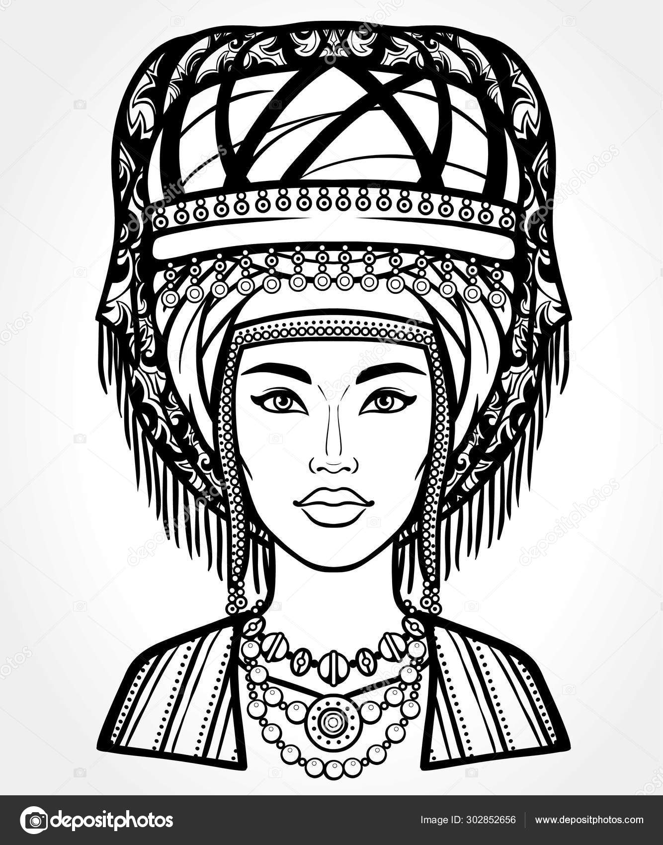 Asiatisk Skjønnhet Animasjonsportrett Vakker Jente Turban Gift Kvinnes  Hodekledning Sentral stockvektor © Roomyana #302852656, image size:1334x1700