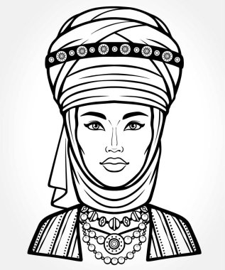 Asyalı güzellik. Antik ulusal türban güzel bir kız animasyon portre. Evli bir kadının başlığı. Orta Asya. Vektör illüstrasyon izole. Gri arka plan. Baskı, poster, t-shirt, kart.