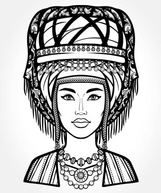 Asyalı güzellik. Antik ulusal türban güzel bir kız animasyon portre. Evli bir kadının başlığı. Orta Asya. Vektör illüstrasyon izole. Gri arka plan. Baskı, poster, t-shirt, kart.