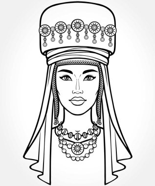 Asyalı güzellik. Antik ulusal türban güzel bir kız animasyon portre. Evli bir kadının başlığı. Orta Asya. Vektör illüstrasyon izole. Gri arka plan. Baskı, poster, t-shirt, kart.