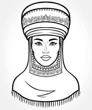 Asyalı güzellik. Antik ulusal türban güzel bir kız animasyon portre. Evli bir kadının başlığı. Orta Asya. Vektör illüstrasyon izole. Gri arka plan. Baskı, poster, t-shirt, kart.
