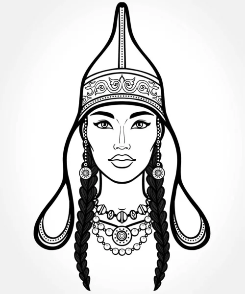 亚洲之美 一个美丽的女孩在古代民族帽的动画肖像 矢量插图已隔离 灰色背景 印刷品 — 图库矢量图片