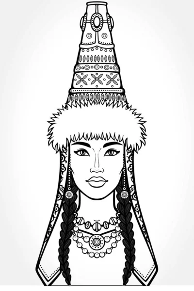 亚洲之美 一个美丽的女孩在古代民族帽的动画肖像 矢量插图已隔离 灰色背景 印刷品 — 图库矢量图片