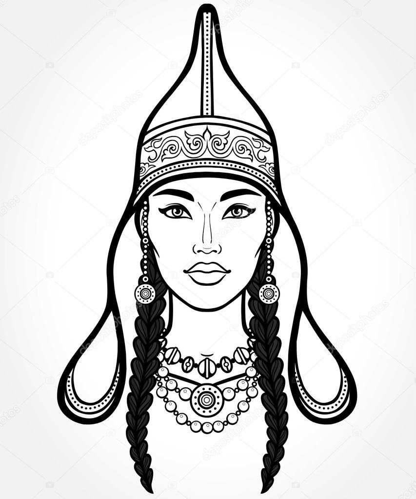 Asian beauty. Animation portrait of a beautiful girl in ancient national cap. Central Asia. Vector illustration isolated. Gray background. Print, poster, t-shirt, card.